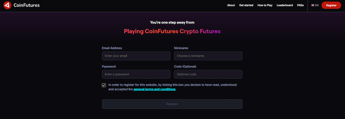 CoinFutures account registration page